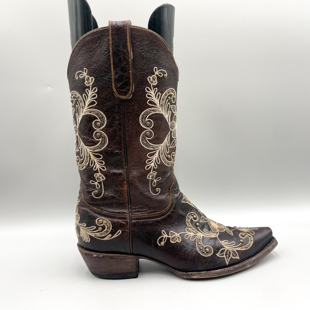Cavender's Womens 9.5 B Brown Leather Floral Embroidered Studded Western Boots